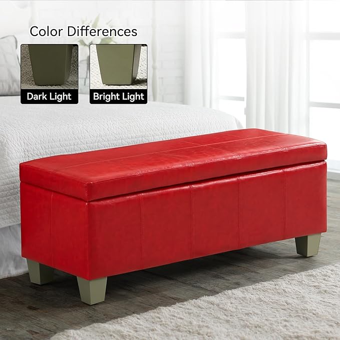 51" Faux Leather Storage Ottoman, Stitch Tufted Rectangle Upholstered End of Bed Storage Bench, Entryway Large Couch Ottoman with Wooden Legs,Red