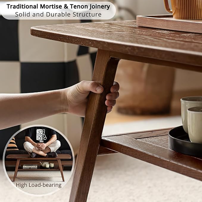 Solid Oak Wood Coffee Table - 2-Tier Modern Center Table, Living Room Tables with Double Storage for Living Rooms, Bedrooms, and Offices (Walnut, 31.49" D x 19.68" W x 17.32" H)