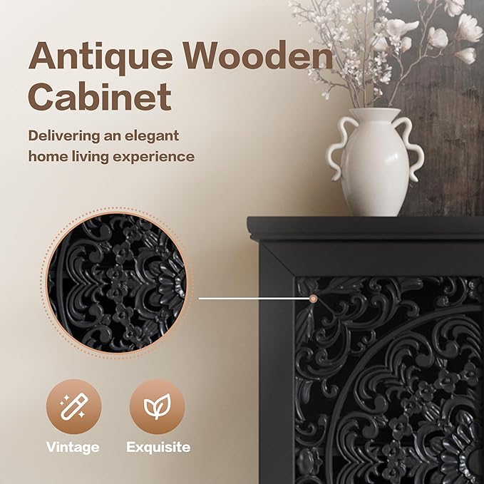 Rustic 55'' Tall Storage Cabinet with 2 Hollow-Carved Doors a Drawer, Wood Accent Cabinet with Solid Wood Legs for Living Room, Hallway, Dining Room (Black-T)