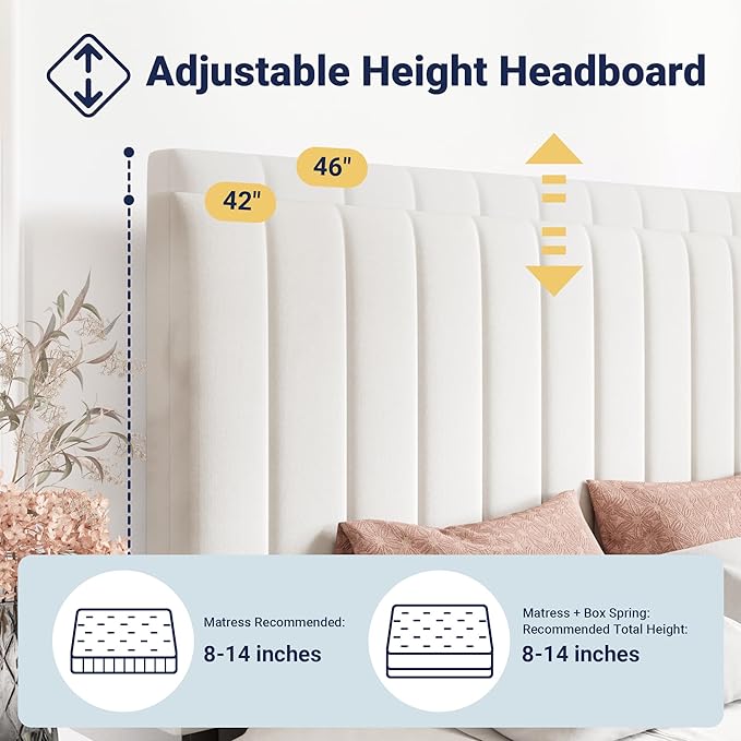 Allewie King Size Storage Bed Frame, Vertical Channel Tufted Adjustable Headboard, Velvet Upholstered Platform Bed with 4 Oversized Underbed Drawers, Wooden Slats Support, No Box Spring Needed, White