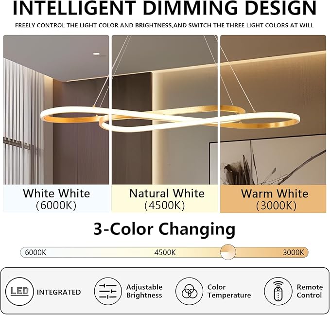 Gold Led Chandelier for Kitchen Island Lighting,Dimmable Modern Chandelier for Dining Room, L39.4" Modern Led Pendant Light Fixture Height Adjustable Brushed Gold Dining Room Light Fixture Over Table