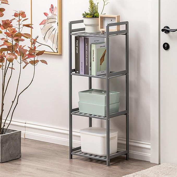 Bamboo Shelf, 4-Tier Bookcase Storage Shelves, Small Book Rack Shelving Unit, Multipurpose Storage Display Shelf for Bathroom Kitchen Living Room Office, 25W x 35D x 100H (4-Tier Grey)