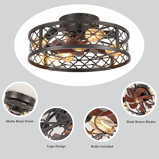 Farmhouse Ceiling Fans with Lights Remote Control,6 Speed Reversible Flush Mount Low Profile Rustic Ceiling Fan with Light with bulb 4*E26,Boho Bladeless Country Caged Ceiling Light Fixture