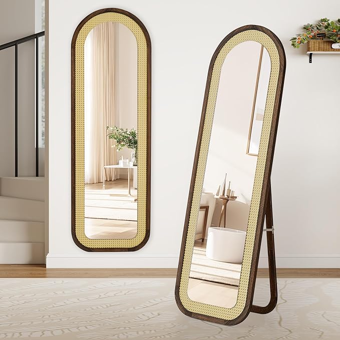 Arched Full Length Mirror with Solid Wood Frame & Rattan Panel, 64"x21" Rustic Wall Mounted Floor Mirror - Free Standing, Leaning Against Wall, Wall-Mounted for Bedroom Living Room (Brown)
