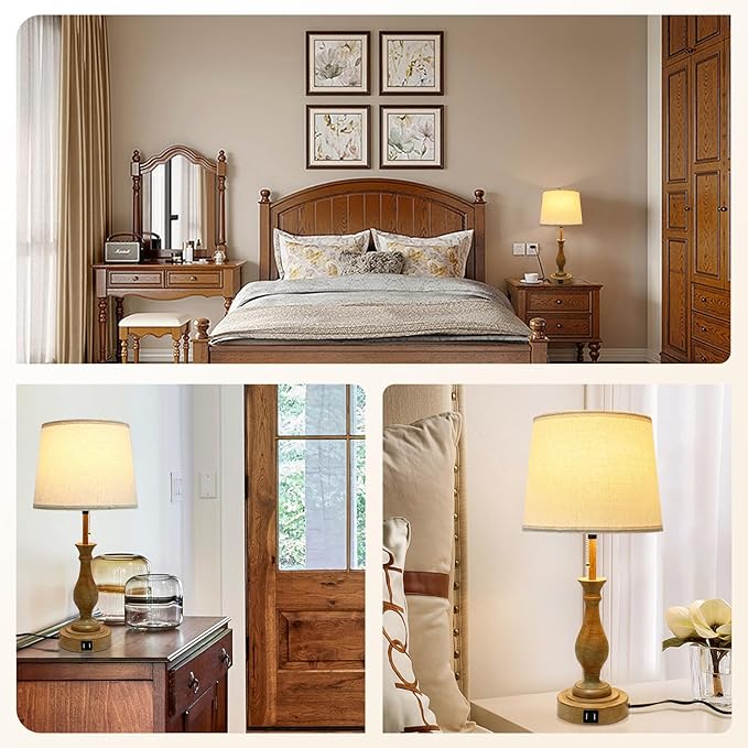 Farmhouse Table Lamp 3-Way Dimmable Table Lamp, Modern Nightstand Lamp with 2 USB Port Pull Chain Bedside Desk Lamp with Fabric Shade for Living Room Bedroom Hotel (Pack 1-Beige Shade & Pull Chain)