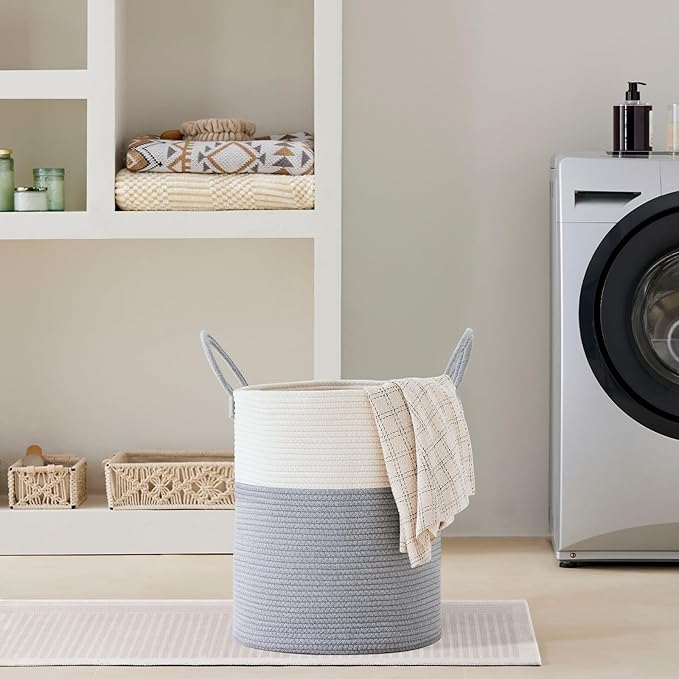 VIPOSCO Large Laundry Hamper, Tall Woven Rope Storage Basket for Blanket, Toys, Dirty Clothes in Living Room, Bathroom, Bedroom - 53L Grey & White
