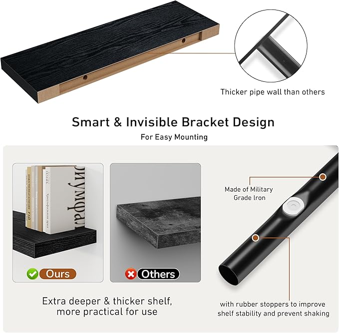 Fun Memories 32Inch Floating Shelves, 9.3Inch Deep Rustic Wall Shelves - Extra Deeper & Thicker Wall Mounted Storage Shelf for Kitchen, Farmhouse - Set of 2 - Rustic Black