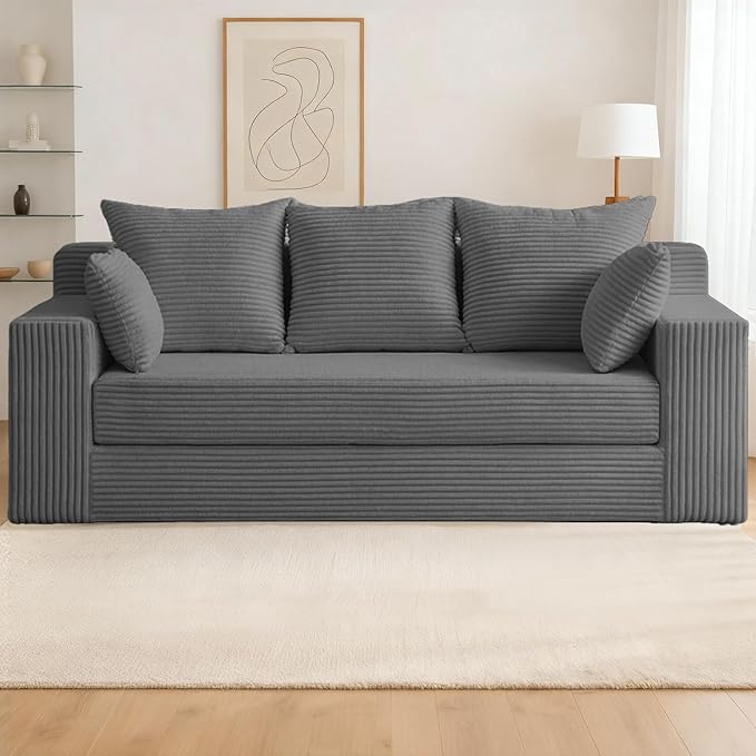 3 Seater Boneless Couch for Living Room, Convertible Futon Sofa Bed Comfy Pull Out Couch with 5 Pillows & Detachable Washable Cover, Upholstered Floor Sofa in A Box, No Assembly Required, Grey