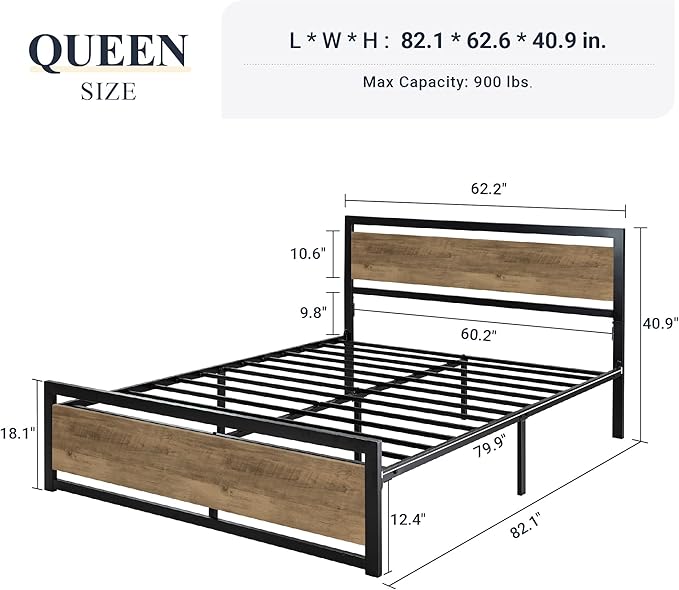 Allewie Queen Bed Frame with Headboard, Heavy Duty Metal Platform Base with Strong Support, Underneath Storage Space, Stable Mattress Foundation, No Box Spring Needed, Brown