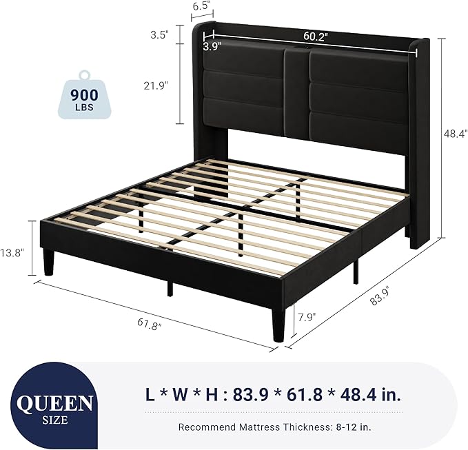 Allewie Queen Size Platform Bed Frame with Charging Station & Storage Headboard, Upholstered Velvet Wingback Design & USB Port, Strong Wooden Slats Support, No Box Spring Needed, Easy Assembly, Black