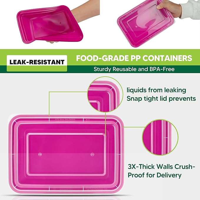 50 Pack Meal Prep Containers with Lids 38oz - BPA-Free, Reusable, Leakproof Food Storage Containers - Microwave/Dishwasher/Freezer Safe, To Go Take Out Plastic Food Storage Pans(Red)