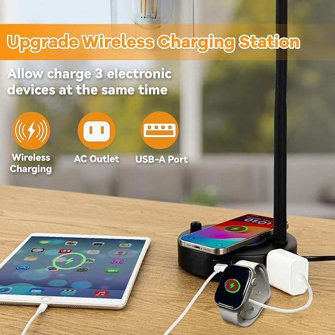 Industrial Table Lamp with Wireless Charing, Fully Stepless Dimmable Lamps Nightstand Lamps, Desk Lamp with Glass Shade Reading Lamp for Office Living Room (Black 02)