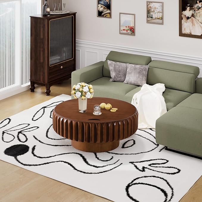 Round Coffee Table with Storage for Living Room, Wood Circle Drum Coffee Table Modern Fluted Center Table Accent Table for Home Office Apartment (Walnut 31.5'')