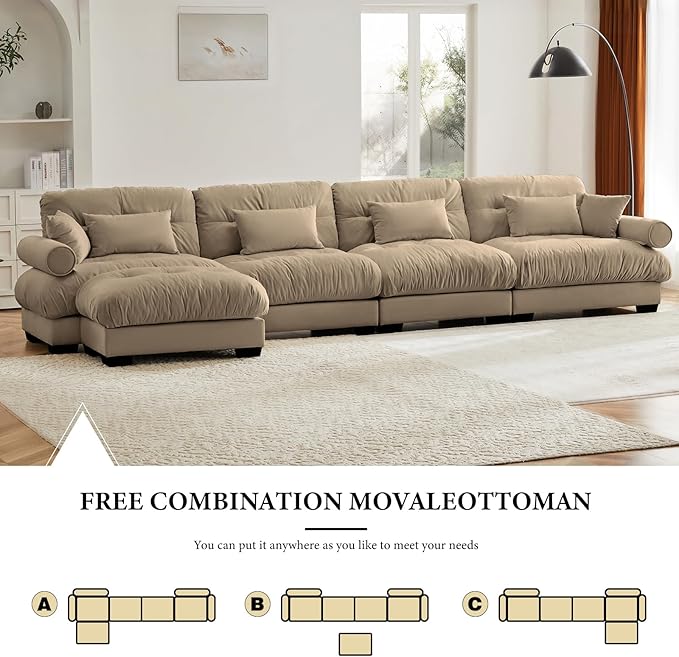 166" Oversized Couch, 4 Seater Sectional Couches for Living Room, Camel Velvet Large L Shaped Fluffy Modular Couch Set with Ottoman
