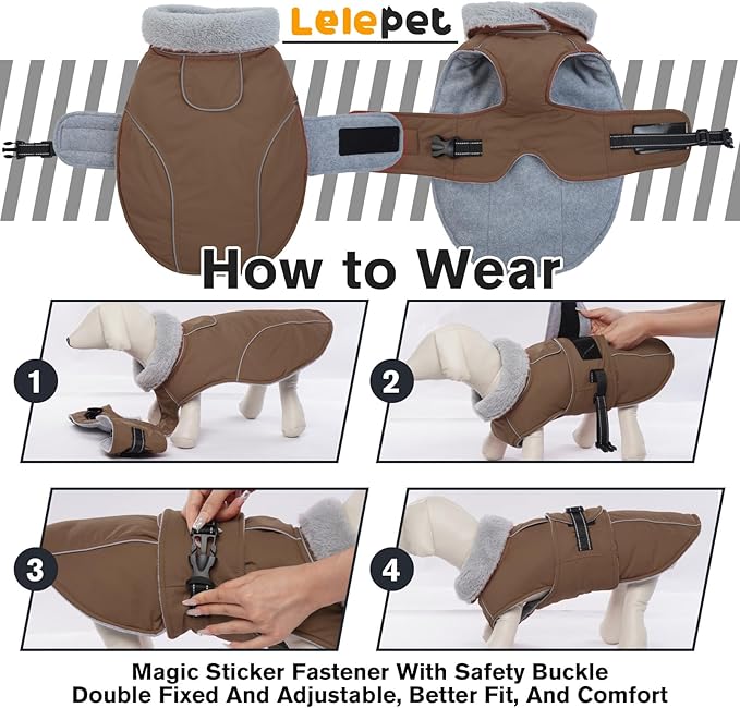 Lelepet Warm Dog Coat Reflective Fleece Vest Waterproof Dog Jacket with Adjustable Buckle Hook & Loop Windproof Cold Weather Coats for Small Medium Large Dogs, Brown, L
