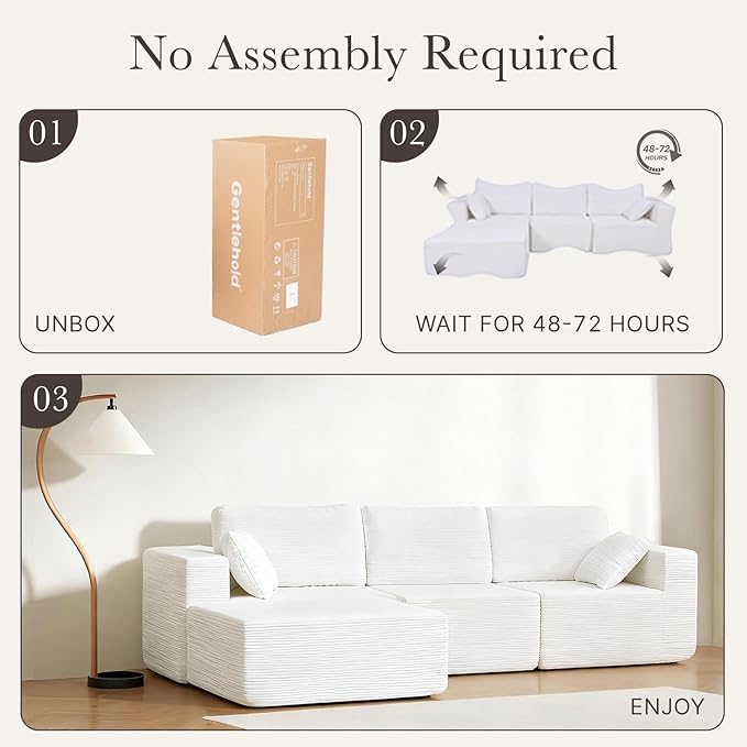 108” Modular Sectional Sofa Couch with Ottoman, 3-Seater Boneless Couch, L Shape Sectional Sofa Compressed Sofa for Living Room Bedroom, No Assembly Needed (White, 3 Seats+1 Ottoman)