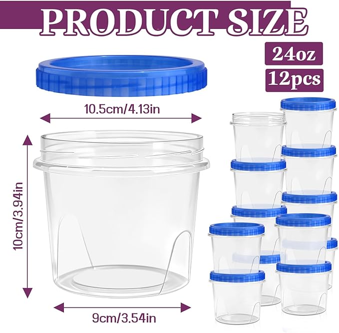 12 Pack Freezer Containers with Screw On Lids, 24 Oz Stackable Reusable Plastic Storage Container, Airtight Plastic Food Storage Containers with Twist Top Lids for Food Soup Jello Sauce