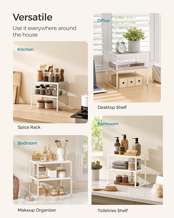 SONGMICS Spice Racks, Set of 2 Metal Cabinet Shelf Organizers, Countertop Organizers, Shelf Risers, Stackable, Expandable, Oatmeal Beige UKCS001K01