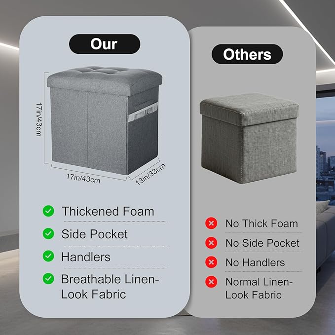 Storage Ottoman Foot Rest, 61L Slim Tall Folding Linen Foot Stool with Thicker Foam Padded Seat. Small Ottoman with Storage Bench for Bedroom Living Room, 300lbs Weight Support, 17x13x13IN, Light Gray