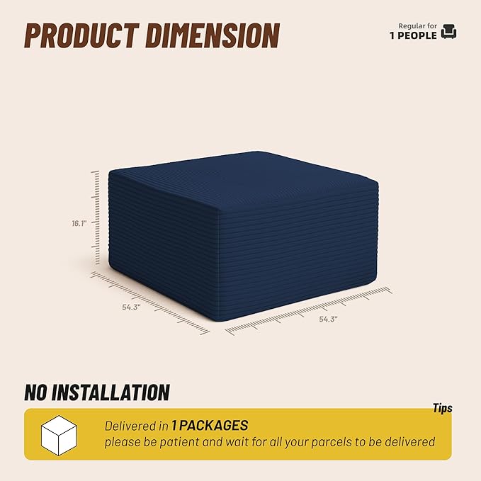 Cozy Square Ottoman, Comfortable Seating, No Assembly Required, Blue