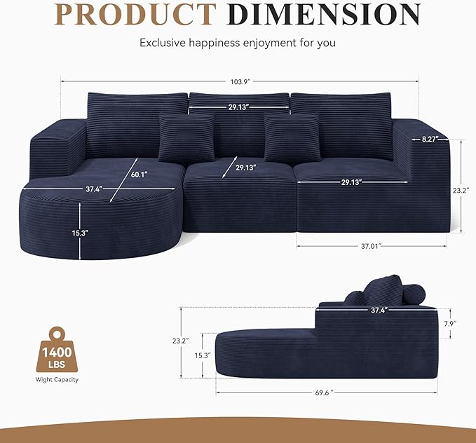 Modular Sectional Sofa with L-Shape Chaise,Cloud Sectional Modern Sleeper Couch with Deep Seat,Sponge Compression Sofas No Assembly Required (Blue-Corduroy Fabric) 1PCS