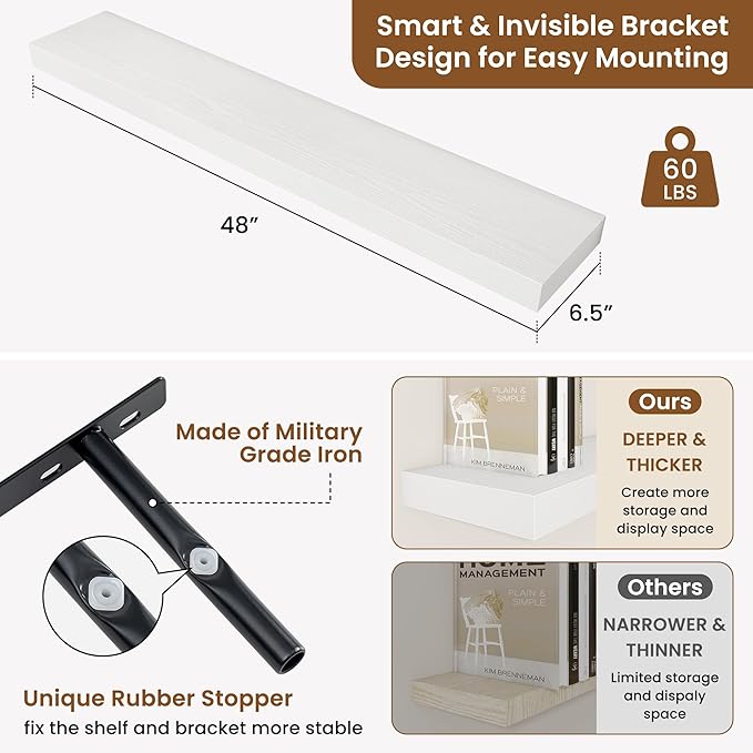 fuqing Floating Shelves for Wall, Wall Mounted Wood Floating Shelf with Invisible Brackets for Living Room, Bathroom, Bedroom, Kitchen Storage and Decor, 48 Inch Set of 2, White