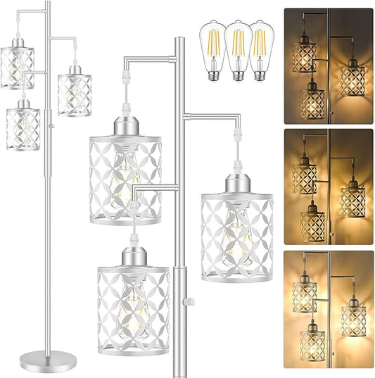 68" Dimmable Floor Lamp, Modern Standing Lamp with Elegant Metal Cages, Industrial Tall Tree Floor Lamps for Living Room, Bedroom, Study Room, Office (2000LM LED Bulbs Included) - Silver