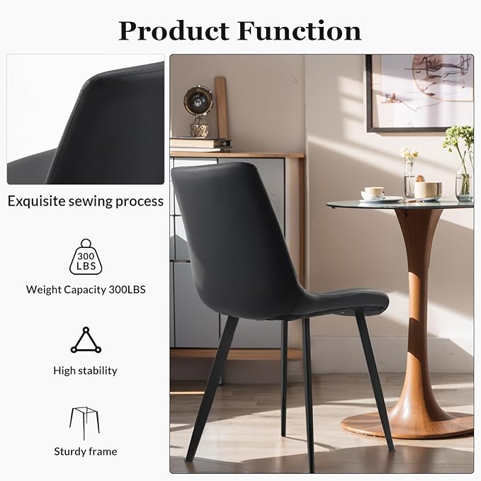 Dining Chairs, Modern PU Leather Dining Room Chair with Sturdy Metal Legs, Upholstered Seat Dinner Chairs Accent Side Chairs for Indoor Kitchen Living Room (Black, Set of 4)