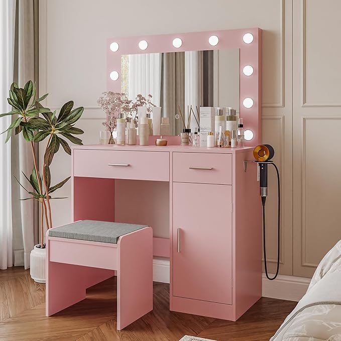 Vanity, Vanity Desk with Mirror, Large Drawer and Power Socket with 11 Light Bulbs and 3 Adjustable Lighting Modes, Vanity Table Ideal for Bedroom (Pink)