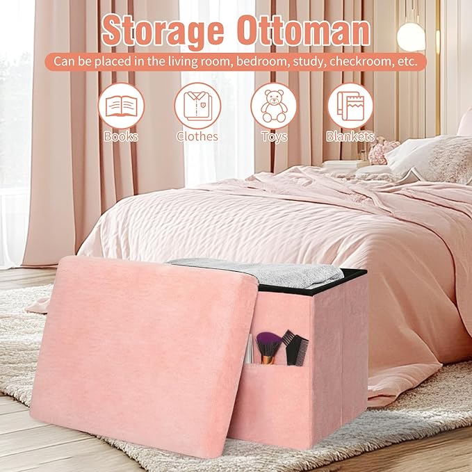 Storage Ottoman, Folding Ottoman Foot Rest Stool with Thicker Furry Padded Seat. Soft Fur Small Ottoman Bench with Storage for Bedroom Living Room, Holds Up to 300 lbs, 17x13x13IN (Pink)