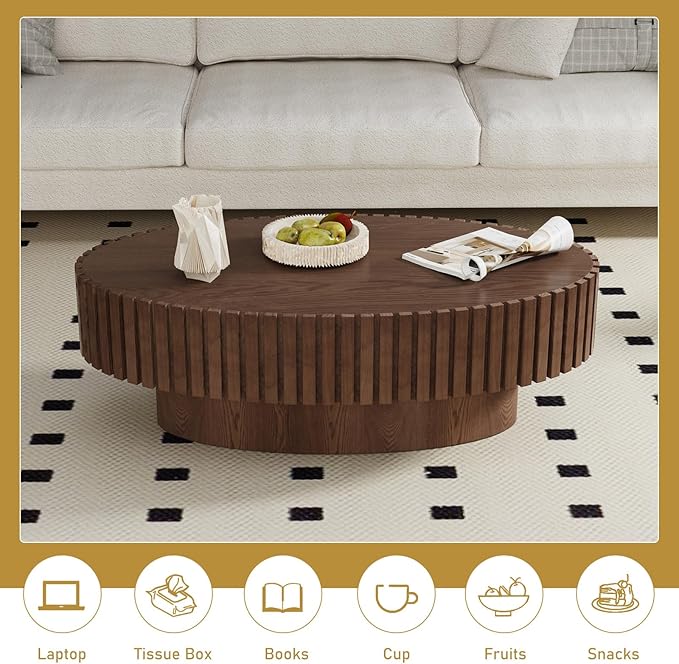 Oval Drum Coffee Table 43.3" Wooden Coffee Tables Handcrafted Fluted Drum Coffee Table Mid Century Modern Luxury Center Table Vintage Farmhouse Center Table for Living Room (Oval Dark Brown)