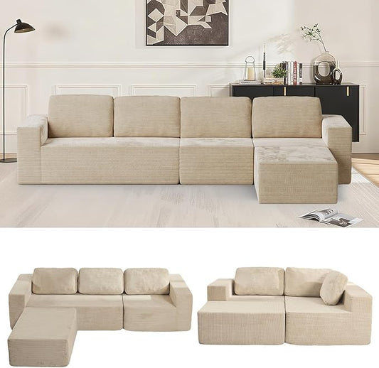 136" Cloud Sectional Couch, Left/Right Facing Convertible Sofa with Deep Seat, L-Shape Modular Upholstered Foam Couch for Living Room Bedroom, No Assembly Required (Corduroy Fabric, Beige)