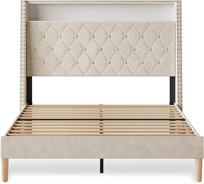 WLIVE Full Size Upholstered Bed Frame with Storage Headboard, Velvet Square Tufted Platform Bed with Charging Station, Sturdy Metal & Wooden Slats Support, No Box Spring Needed, Beige