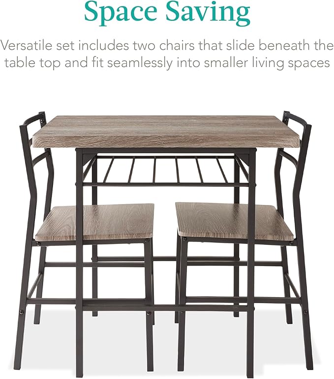 Best Choice Products 3-Piece Modern Dining Set, Space Saving Dinette for Kitchen, Dining Room, Small Space w/Steel Frame, Built-in Storage Rack - Gray/Black