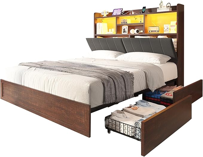 Full Farmhouse Bed Frame with Bookcase Headboard and 4 Drawers, LED Storage Bed with Charging Station & Linen Upholstered, No Box Spring Needed, Reclaimed Barnwood