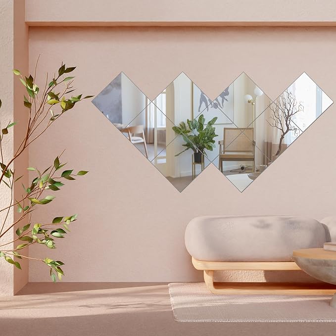 16 Packs Home Gym Mirrors 12'' x 12'' Wall Mounted Mirror Tiles, Square Large Wall Mirror Frameless Full Length Mirror for Home Gym, Bedroom, Door, Bathroom, Living Room