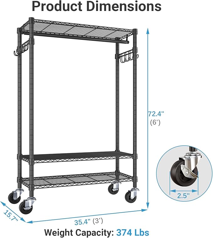 VIPEK R3 Heavy Duty Garment Rack with Lockable Wheels, Portable Rolling Closet with Adjustable Shelves & Hanging Rod & Side Hooks, Compact Space-Saving Storage for Small Apartments/Dorms (Black)