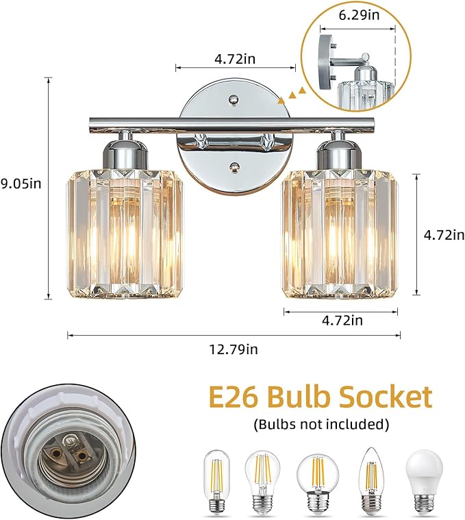 Modern 2 Light Crystal Vanity Light, Chrome Vertical Bathroom Light Fixture Over Mirror for Dressing Table Sink, Compatible with Dimmable Bulbs (Bulbs Not Included)