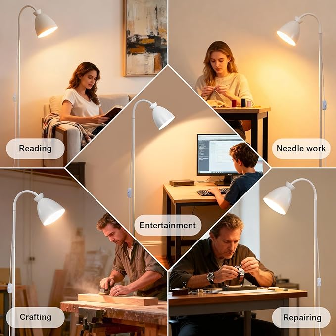 White Floor Lamp for Living Room Corners Bedroom Bedside Kids room dorm Library,9W LED tri Color Dimming, Gooseneck Adjustment, Iron Lampshade, Work Desk Lamp,Tall Standing Reading Light, home decor