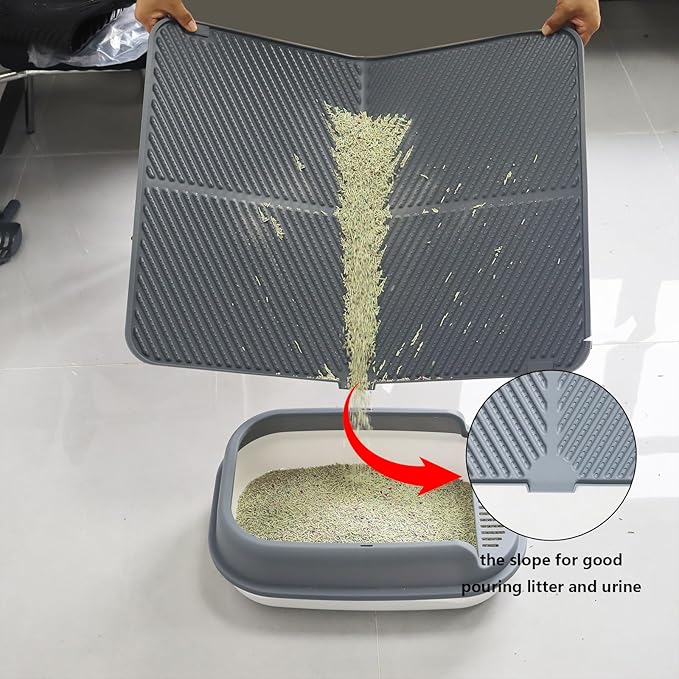 Silicone Cat Litter Mat, Scratch-Resistant Litter Trapping Mat, Waterproof & Non-Slip Litter Box Mat, Highly Effective for Collecting Litter (Grey, 24x15x0.26 in)