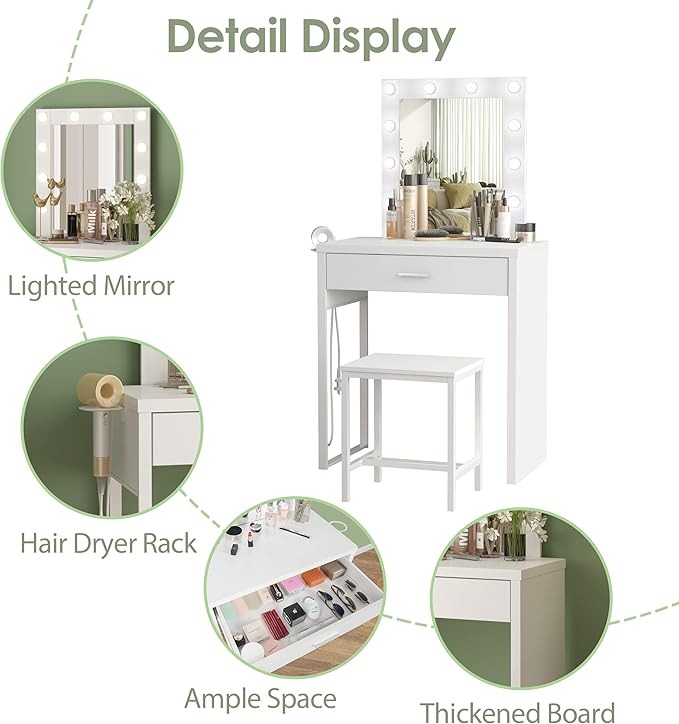 Makeup Vanity Desk with Mirror and Lights, Small Vanity Table and Chair Set,White Makeup Table with 10 LED Lights,Dressing Table for Bedroom,27.6in(L)