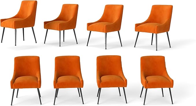Velvet Dining Chairs Set of 8,Orange Upholstered Living Room Chairs with Black Metal Legs, Modern Tufted Accent Chairs for Living Room, Study Room, Kitchen