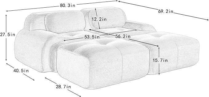 80" Modern Compressed Boneless Love Seat Couches with 2 Ottomans, 2 Seater Large Sectional Couches for Living Room, Gray Corduroy Cloud Modular Sectional Sofa, Memory Foam, Deep Loveseat, No Assembly