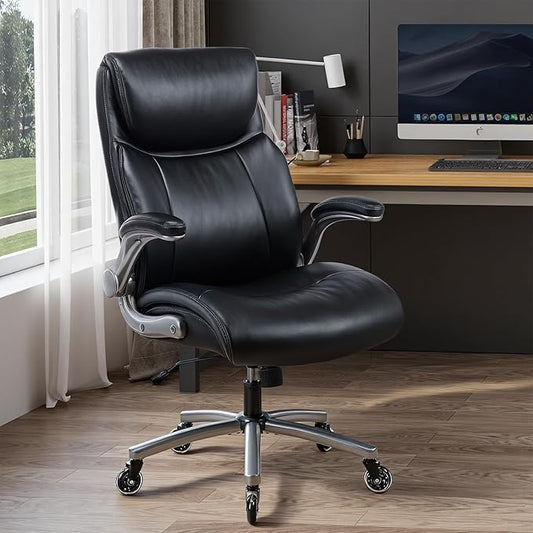Ergonomic High-Back Executive Office Chairs, Heavy Duty Home Computer Chair with Lumbar Support, Flip-Up Arms, and PU Leather Upholstery, Black
