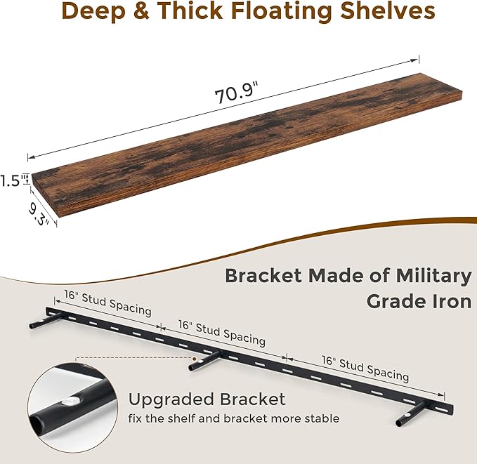 Fun Memories 72 Inch Floating Shelves for Wall, 72x9.3 Large Floating Shelf for Bedroom, Kitchen, Bathroom, Wall Mounted Rustic Wood Shelves with Invisible Bracket for Books, Decor, Rustic Brown