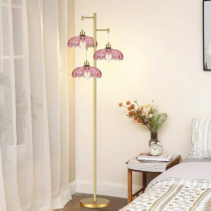 Vintage Floor Lamps for Living Room Bedroom-3 Light Glass Floor Lamp with Three Led Bulb, Modern Mid Century Standing Lamp Brass Tall Lamp Gold Tree Floor Lamp for Bedroom Corner