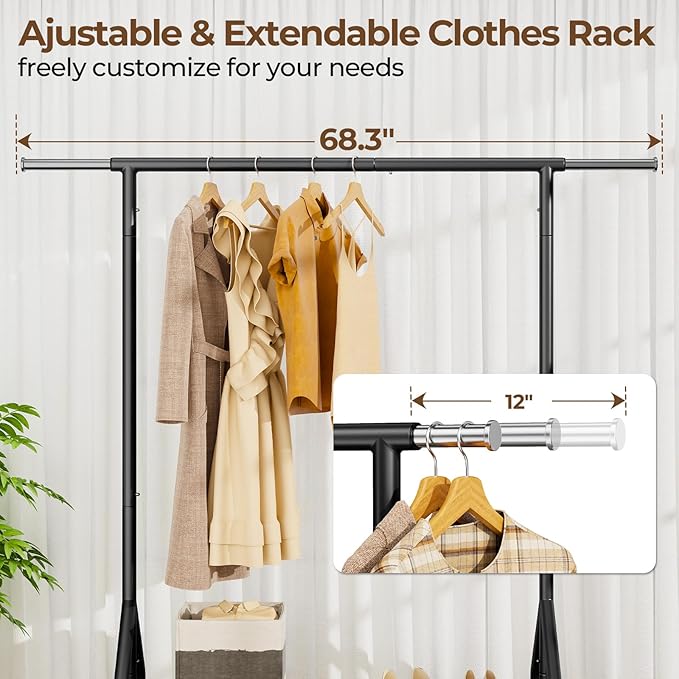 Heavy Duty Clothes Rack Load 450 LBS, Metal Garment Rack, Standing Rolling Clothing Rack for Hanging Clothes with Sturdy Wheels & Shelves, Portable Closet Wardrobe Rack,Black