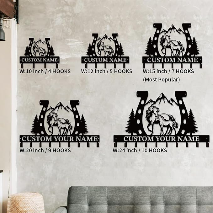 Personalized Custom Name Farm Horse Wall Key Hooks,Metal Horse Art Clothes Hooks,Metal Horse Wall Home Storage Decorative,For Front Door, Hallway, Kitchen, Bedroom,Keys,Hats (Style D)