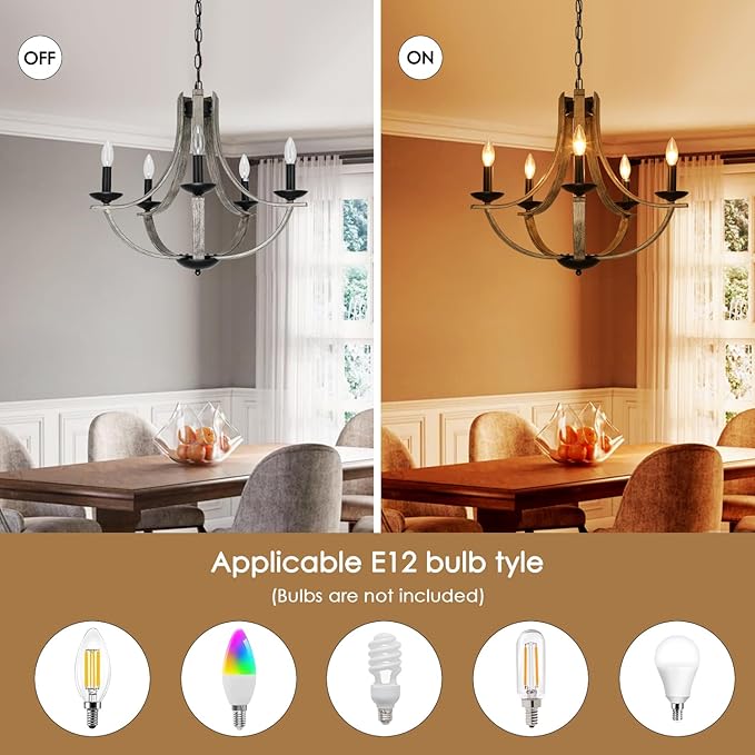 Farmhouse Chandeliers for Dining Room Light Fixture, 5-Light 24 inch Faux Wood Texture Hanging Lighting Fixtures,Rustic Candle Chandeliers for Living Room Kitchen Island Foyer Entryway