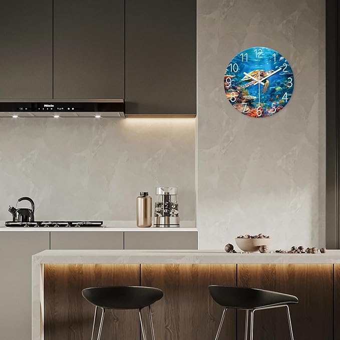 XNM Ocean Round Kitchen Clocks Battery Operated 12 Inch Sea Turtle Analog Wall Clock Modern Funny Blue Glass Wall Clock Silent